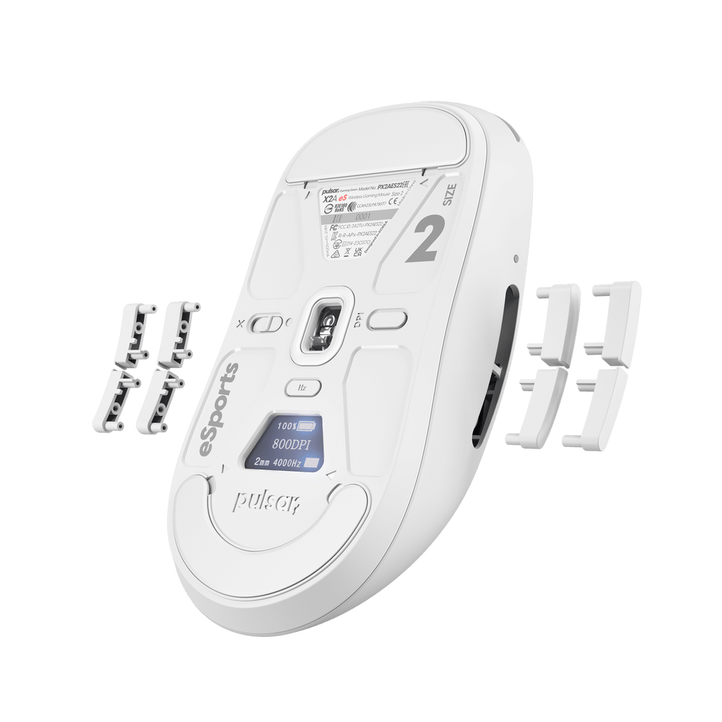 White Edition Xlite v3 eS Gaming Mouse by Pulsar Gaming Gears, featuring the PAW3395 sensor, ergonomic design, OLED display, and driver-free setup, ideal for esports tournaments