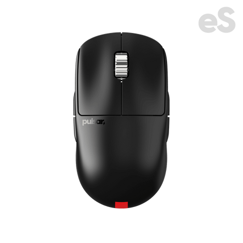 Black Pulsar X2A medium Gaming Mouse with an ambidextrous X2 shape, configurable buttons for left and right-hand use, lightweight design, PAW3395 optical sensor, OLED display, and driver-free setup, ideal for esports tournaments.