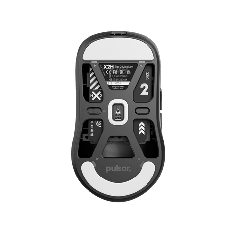 Black Pulsar X2H Medium Gaming Mouse with a translucent black design, narrow waist, higher hump, symmetrical shape, optical switch, and PAW3395 sensor.High Hump OPTICAL SWITCH AW3395 Sensor
