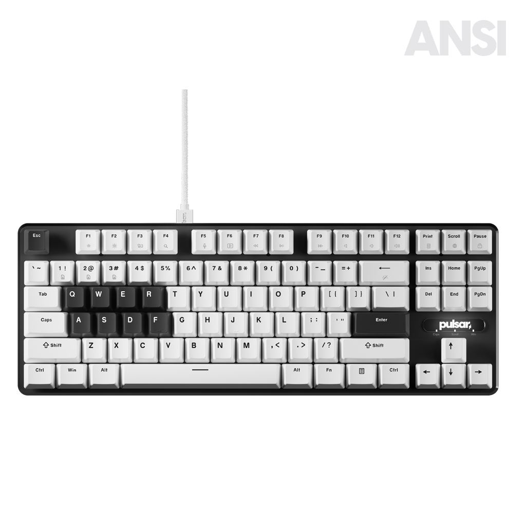 An ANSI PCMK 2 HE TKL Hall effect keyboard by Pulsar, featuring an 87-key tenkeyless design optimized for FPS and competitive gaming. The keyboard has Hall Effect switches for enhanced durability and responsiveness, housed in a compact, Pulsar Magnetic switch Rapid Trigger Adjustable Actuation Snap tap Quick Tap SOCD